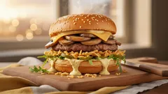Vegetarische herfstburger met champignons en gekarameliseerde ui